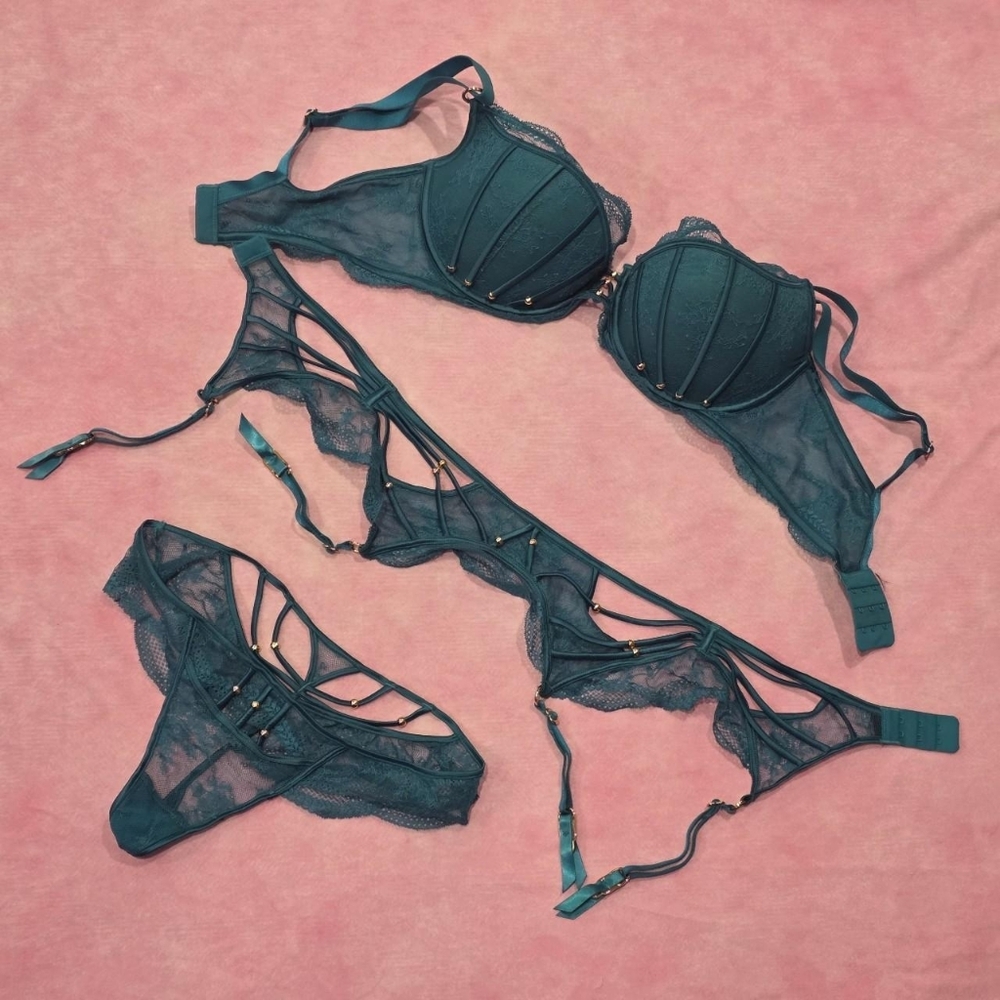 Teal Lace Strappy 3-Piece Lingerie Set